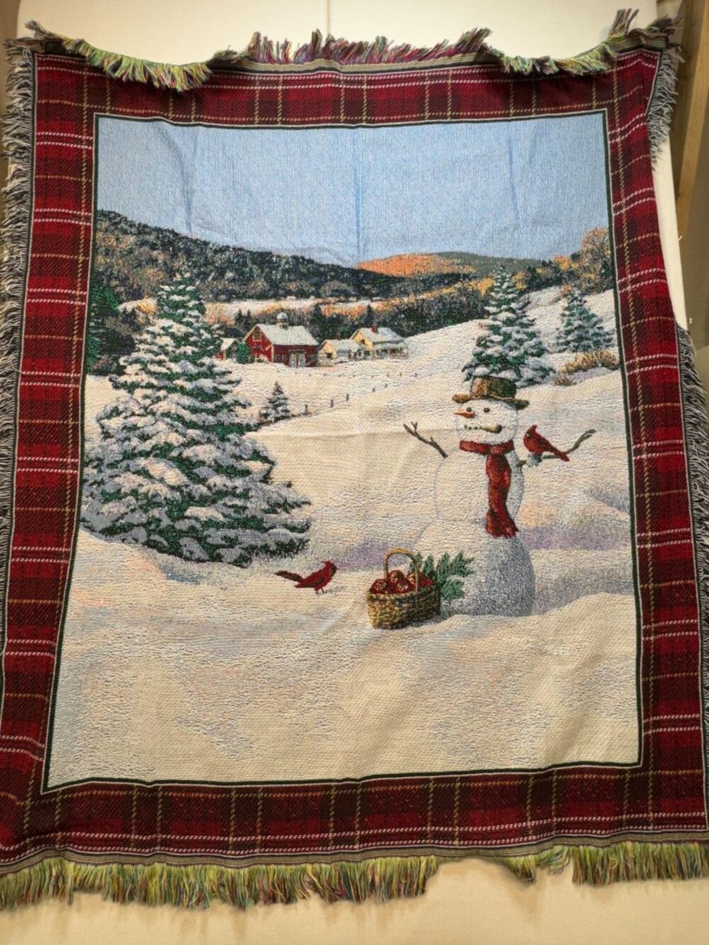 Vintage Holiday Christmas Snowman Tapestry Throw Blanket With Fringe Seasonal